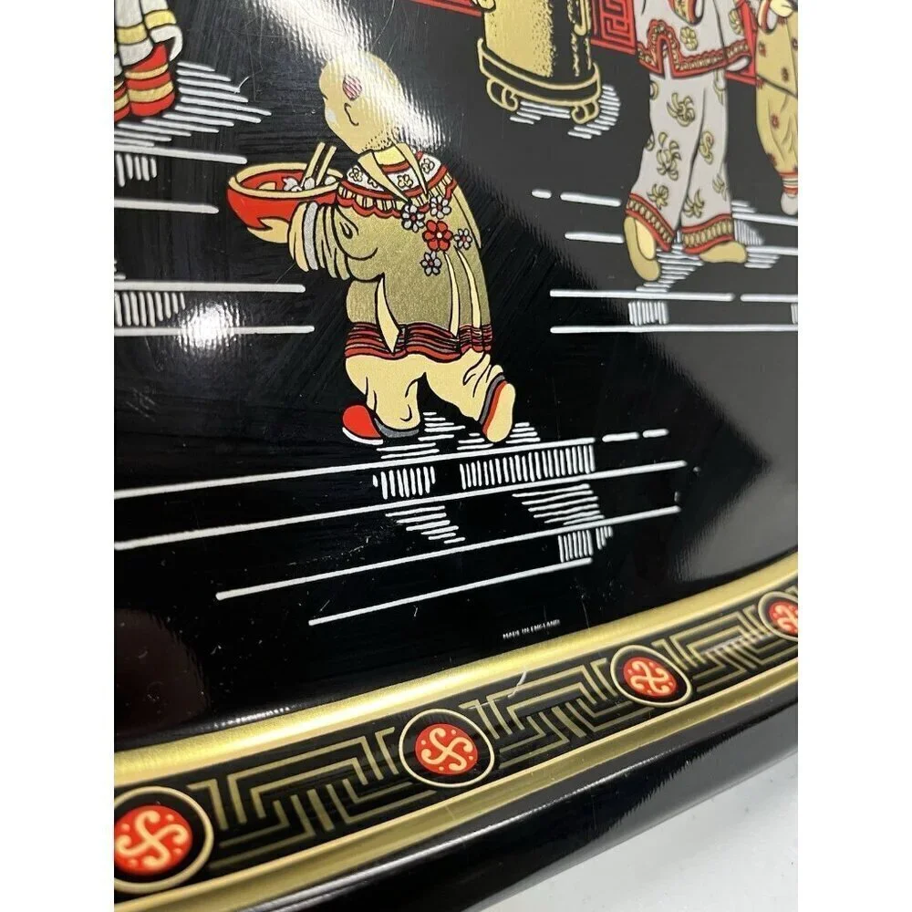 Vintage Asian Tin Serving Tray Made in England Chinese Emperor Throne Oriental